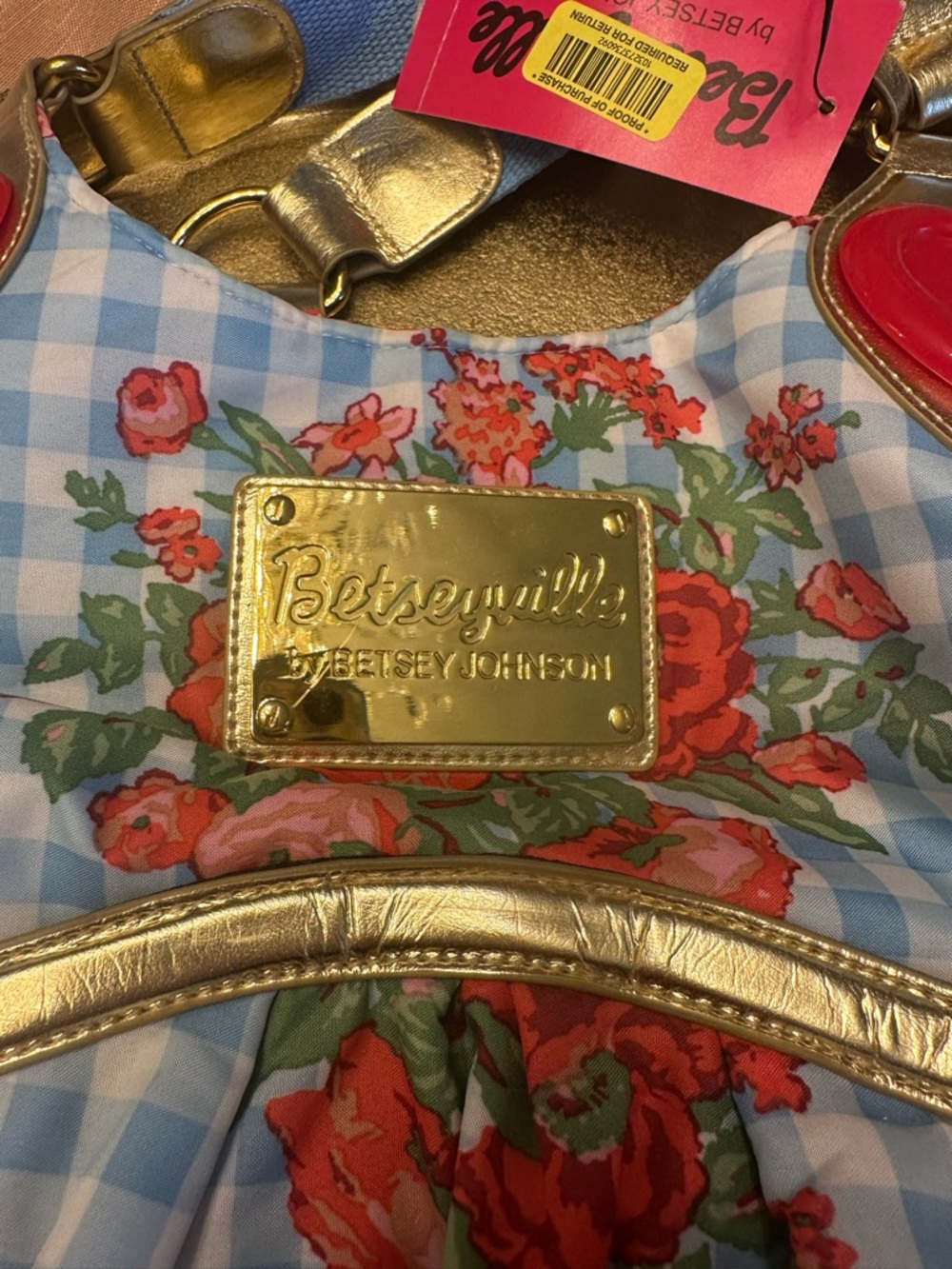 Betsey Johnson Betseyville Blue Gingham Floral Rose Heart Purse Bag Vintage NWT - Picture 2 of 7
